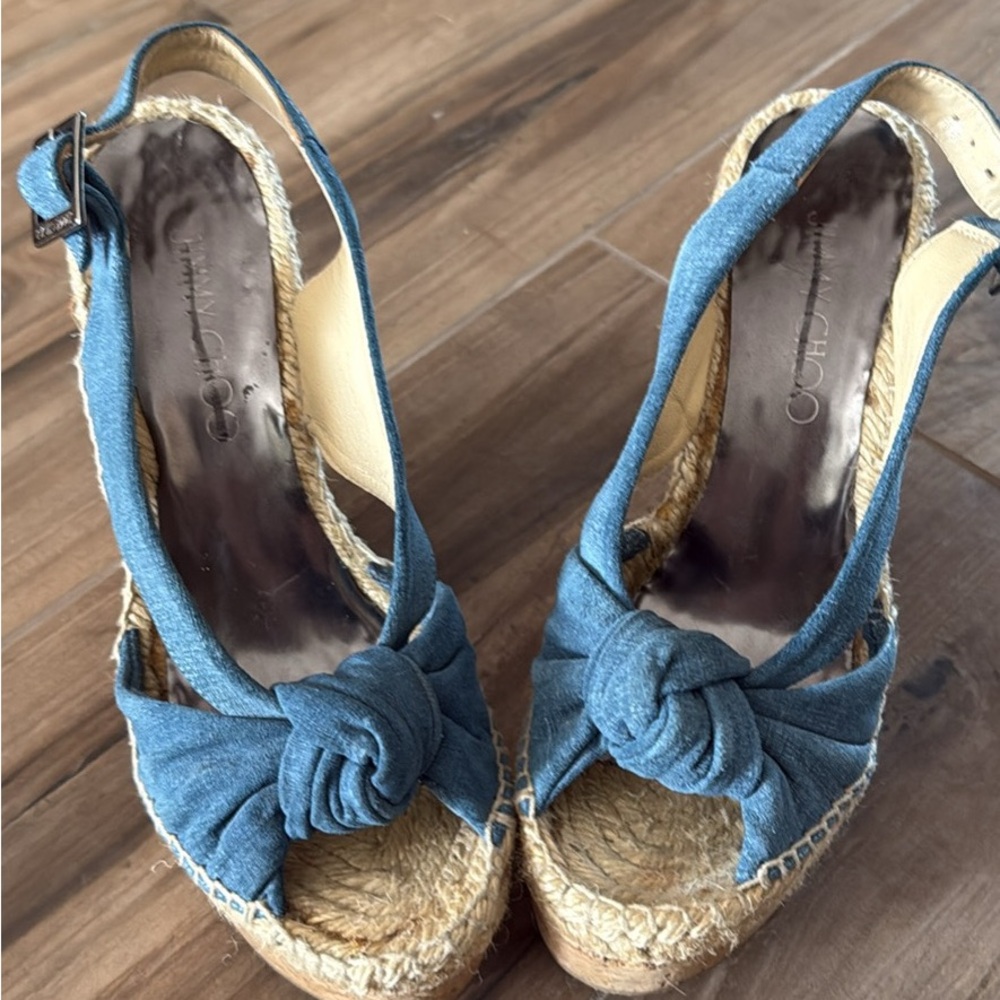 Jimmy Choo Denim Blue Fabric Espadrille Wedge Sandals 36.5